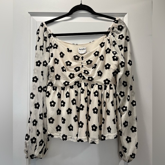 ARULA Tops - Arula white and black flower print mesh babydoll blouse